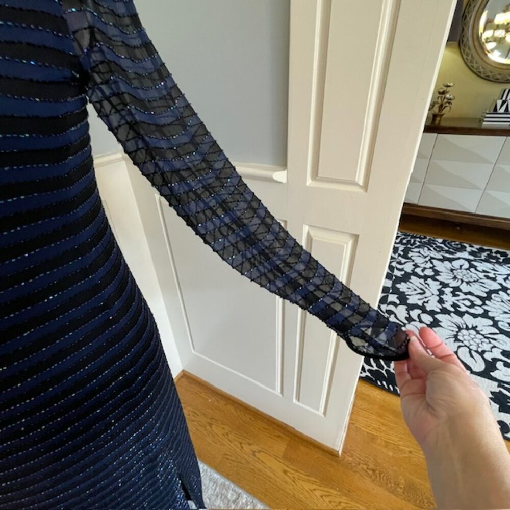 Vintage 100% Silk Beaded Formal Gown Y2K Black & Blue Front Slits Sparkly Size 4 - Picture 5 of 10